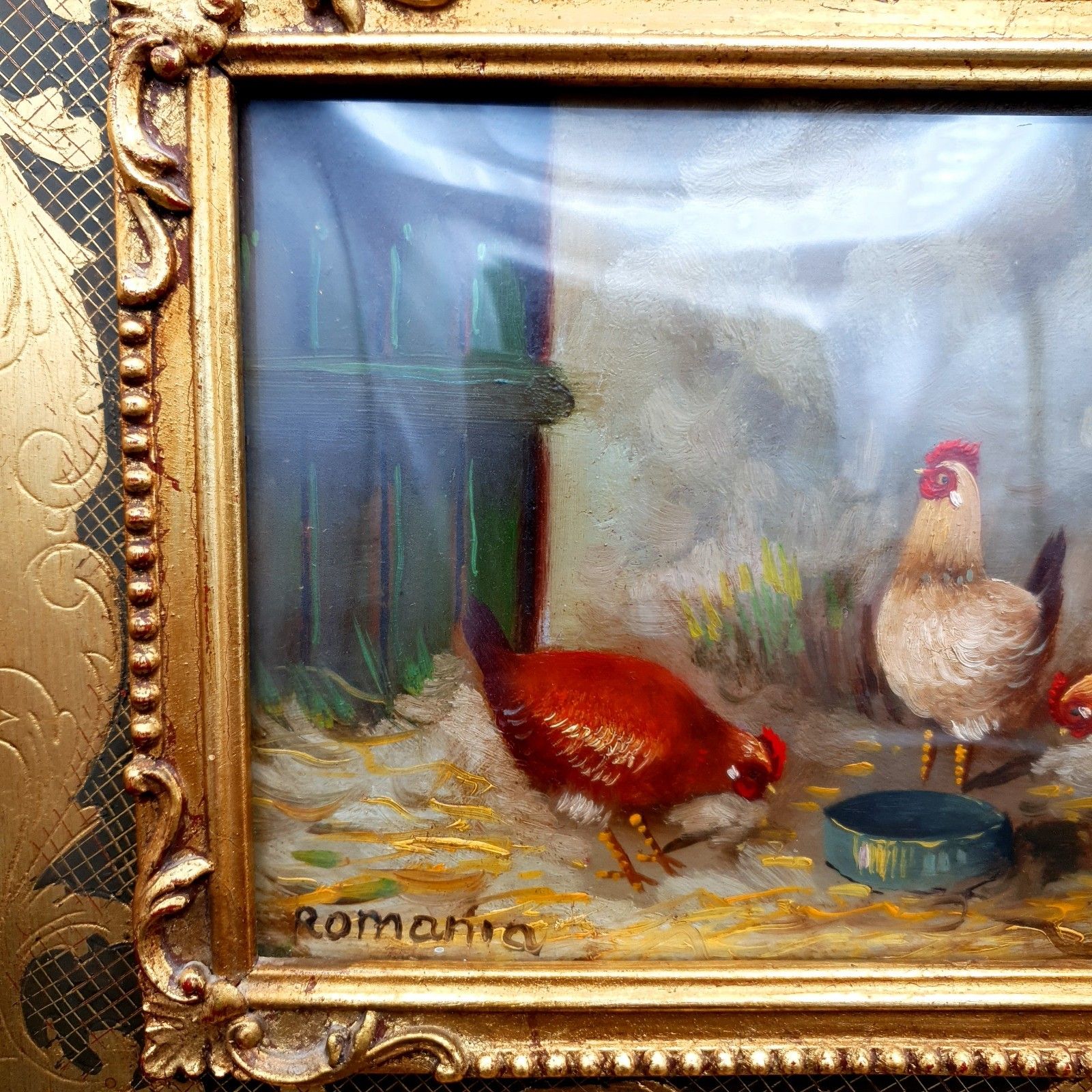 Italian Gaetano Romania Oil Painting Chickens Rococo Style Frame L33.5x28.5cm photo for sale