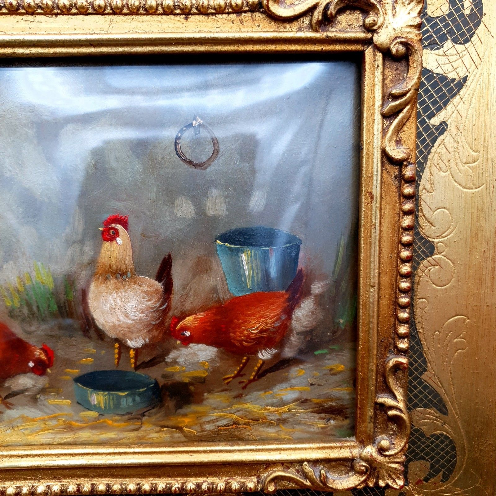 Italian Gaetano Romania Oil Painting Chickens Rococo Style Frame L33.5x28.5cm photo 400.0