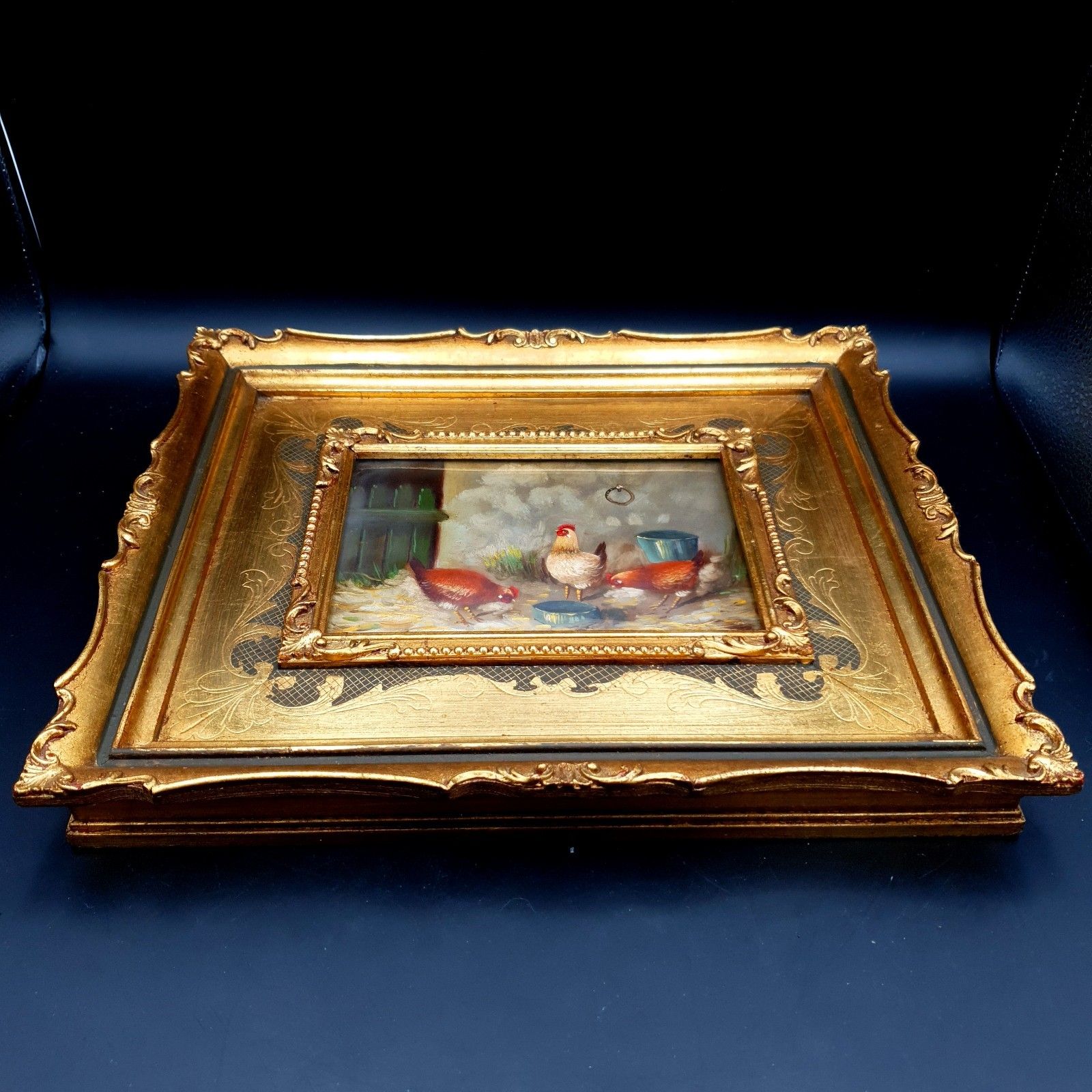 Italian Gaetano Romania Oil Painting Chickens Rococo Style Frame L33.5x28.5cm photo vintage