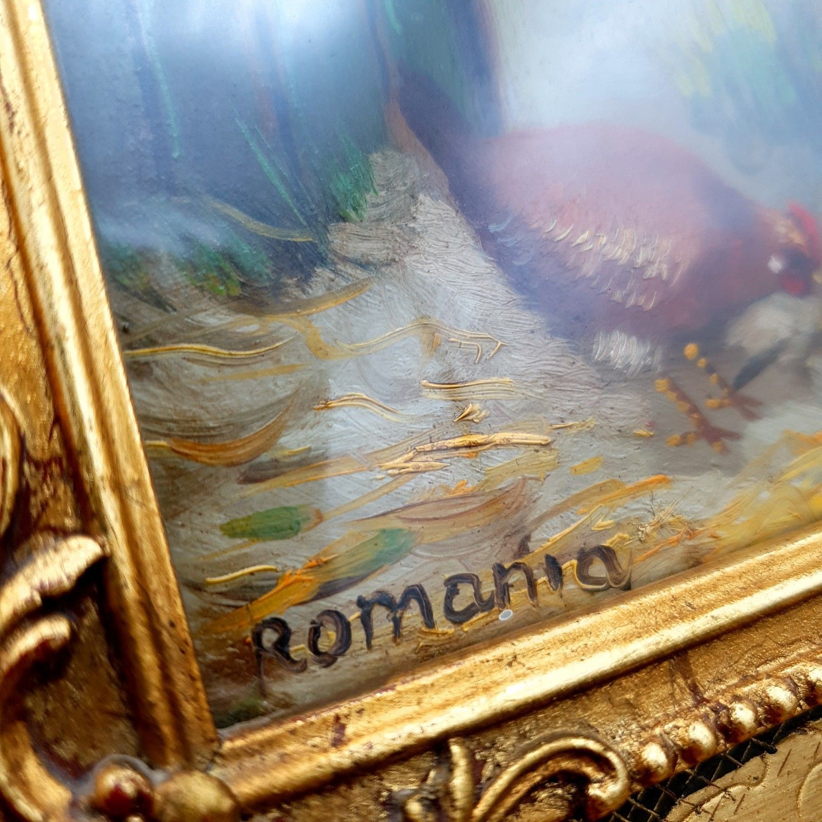 Art Italian Gaetano Romania Oil Painting Chickens Rococo Style Frame L33.5x28.5cm photo