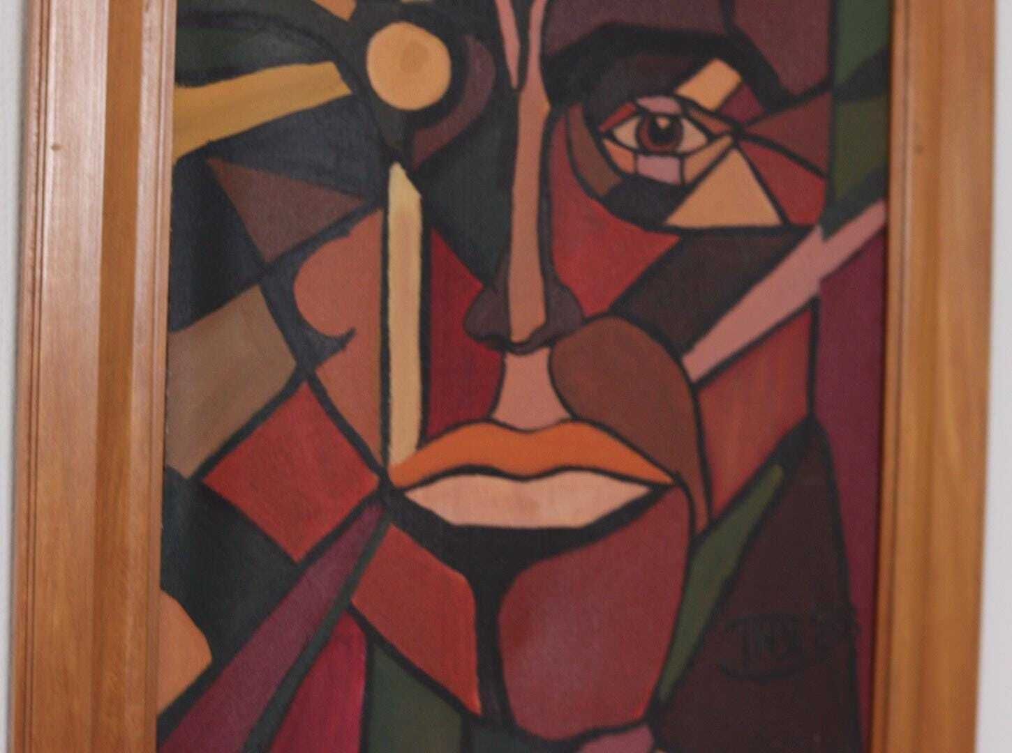 photo furniture Original Scandinavian Oil On Canvas – “Face”  – Tnx 88 Vintage & Framed  56 × 46 Cm (22" × 18.1")