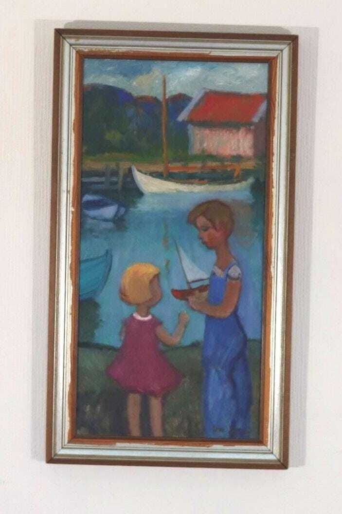 Original Mid Century Swedish Oil On Canvas – “Children Play” By Wilhelm Sjöholm – Vintage & Framed  78 × 44 Cm (30.7" × 17.3") photo furniture