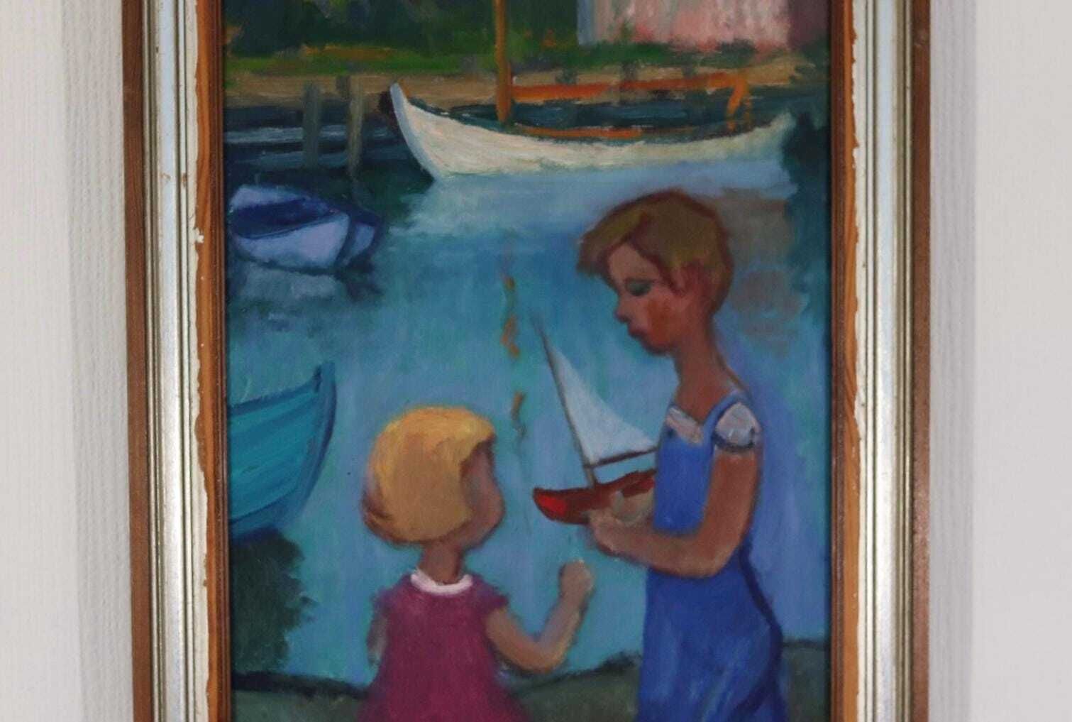 Original Mid Century Swedish Oil On Canvas – “Children Play” By Wilhelm Sjöholm – Vintage & Framed  78 × 44 Cm (30.7" × 17.3") photo Art
