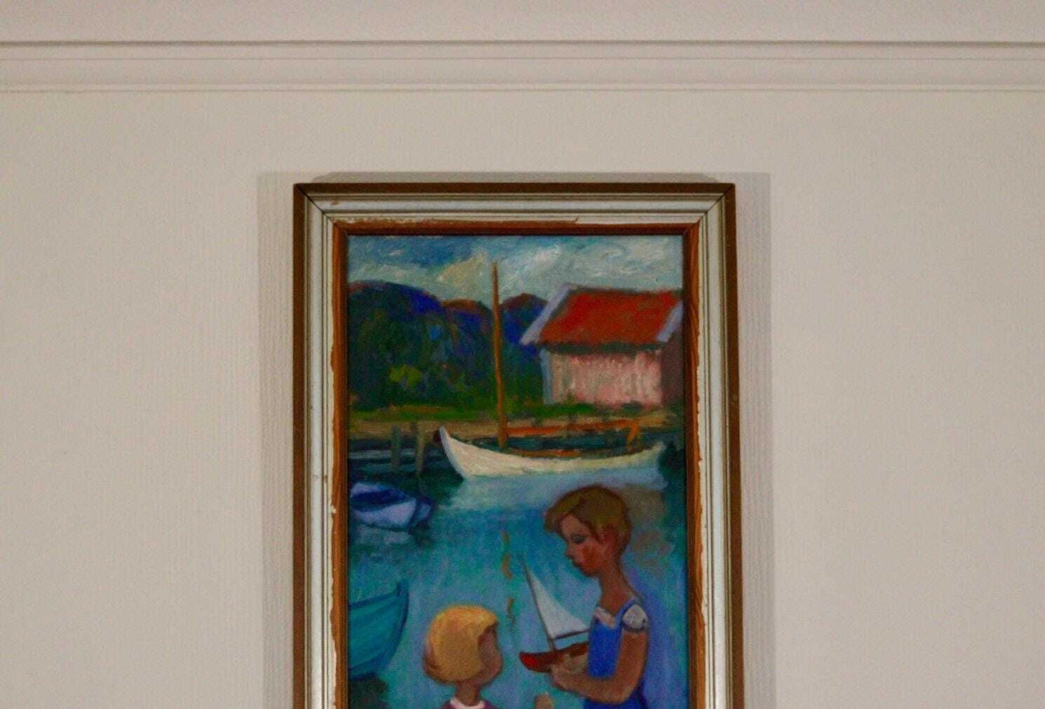 photo furniture Original Mid Century Swedish Oil On Canvas – “Children Play” By Wilhelm Sjöholm – Vintage & Framed  78 × 44 Cm (30.7" × 17.3")