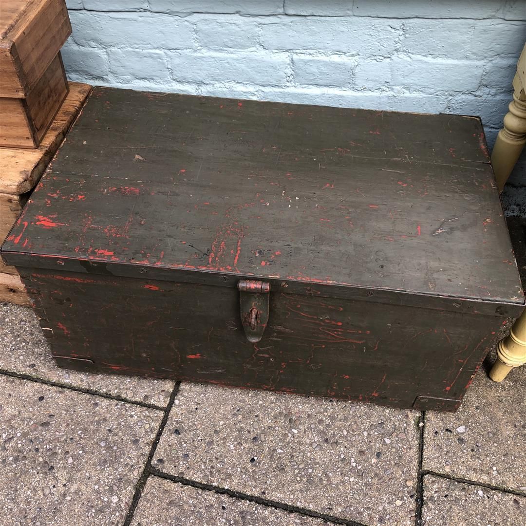 Vintage Wooden Lockable Carry Box With Steel Bindings, In Green Paint, Possibly Military