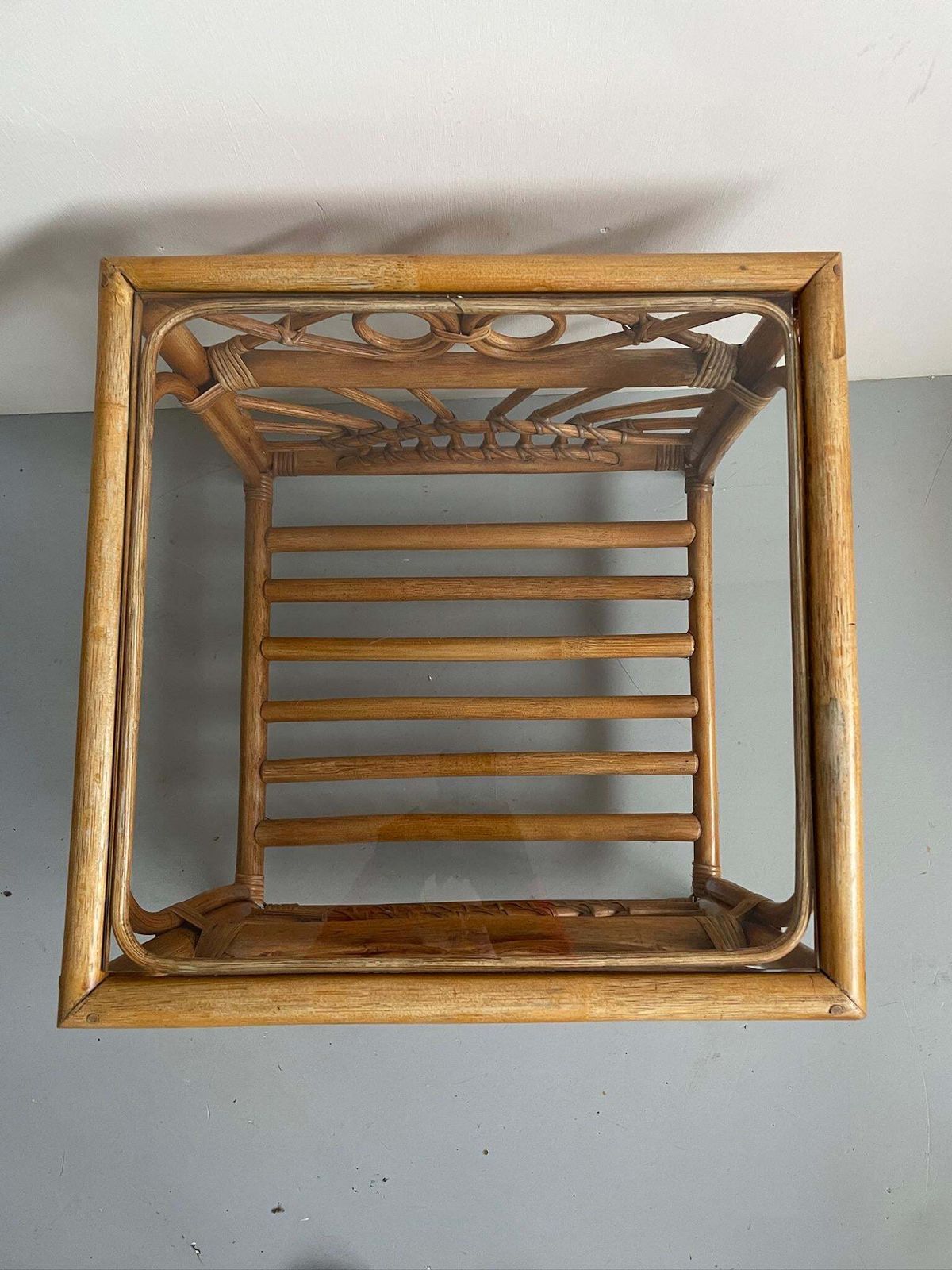 Vintage Square Bamboo Side Or Coffee Table With Glass Top And Cane Binding photo vintage