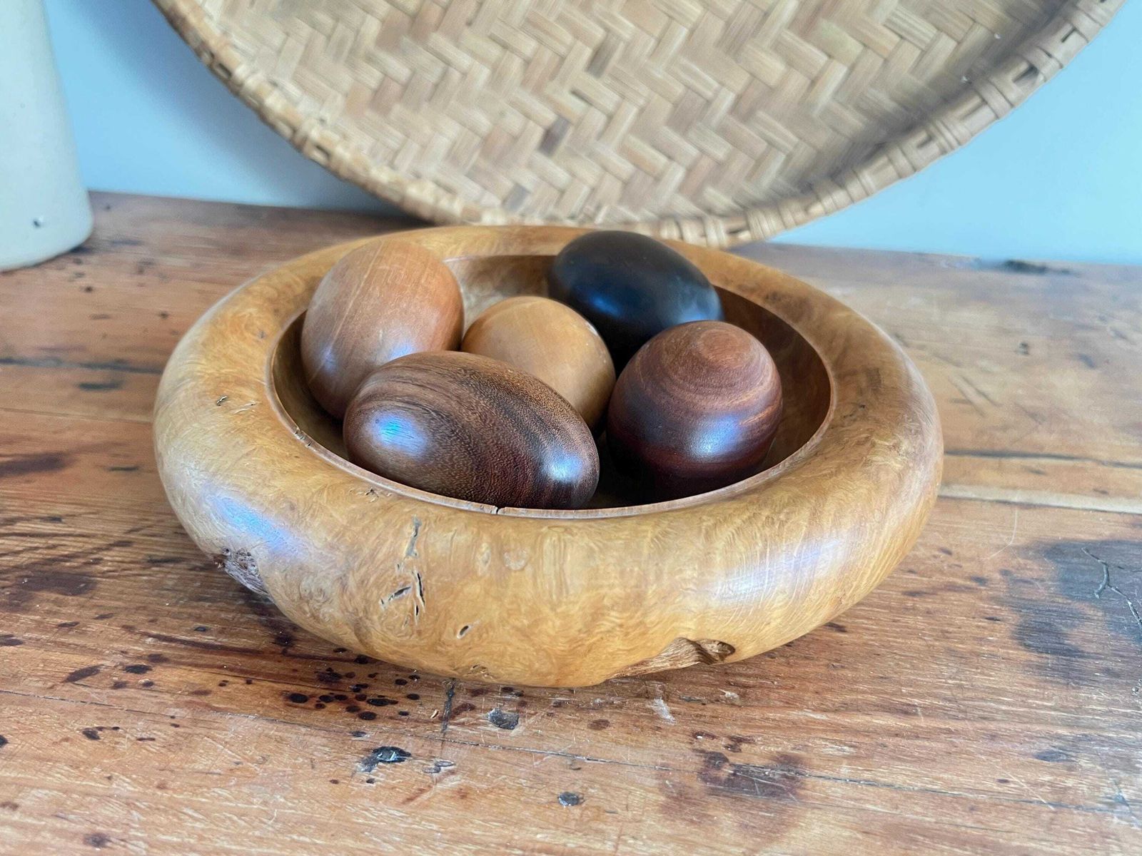 Roger Marwood Signed Burr Oak Bowl & 5 Numbered Specimen Eggs   English Oak, Ebony, Boxwood, Mahogany, Walnut   British Studio Woodturning