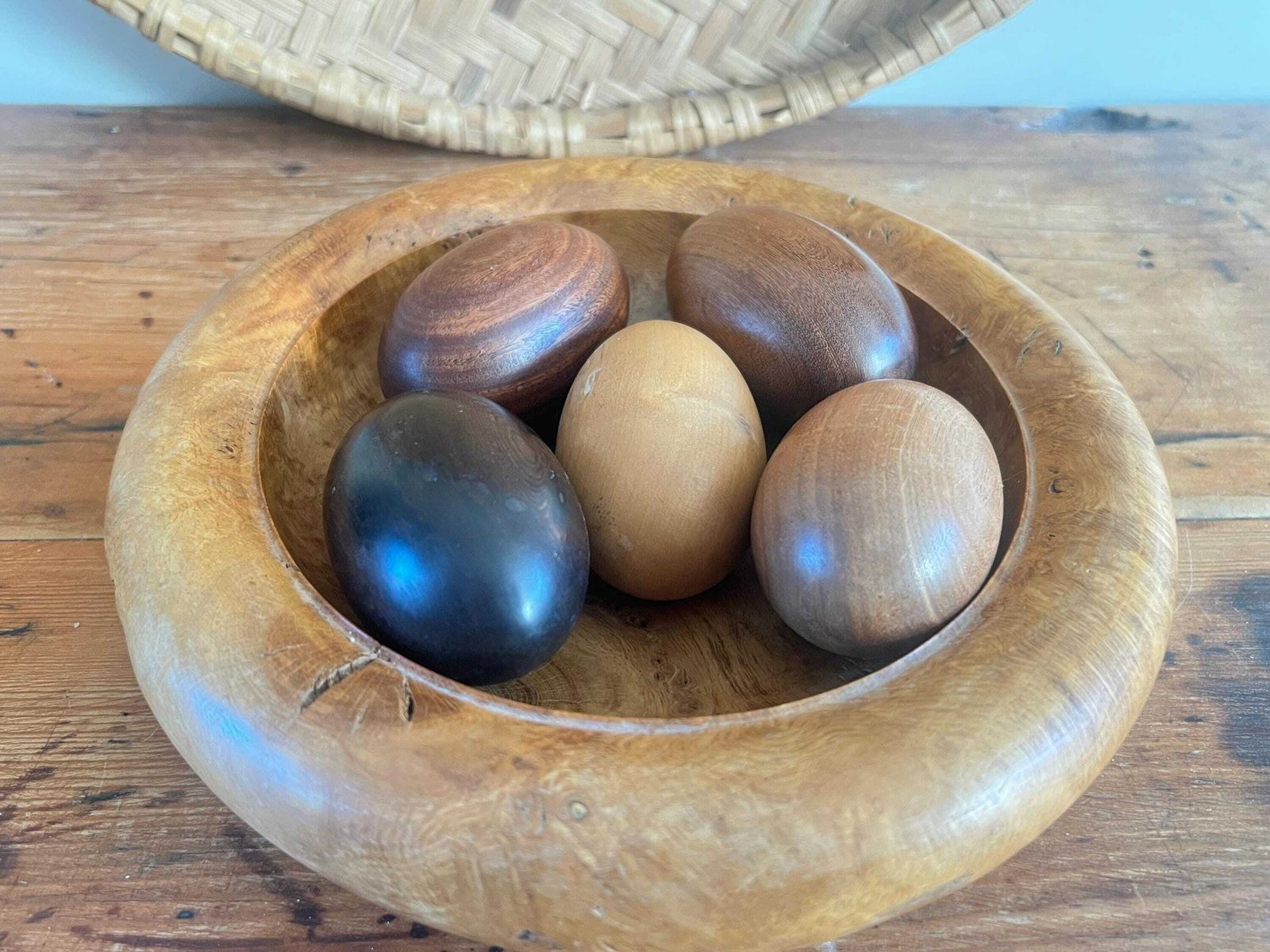 photo for sale Roger Marwood Signed Burr Oak Bowl & 5 Numbered Specimen Eggs   English Oak, Ebony, Boxwood, Mahogany, Walnut   British Studio Woodturning