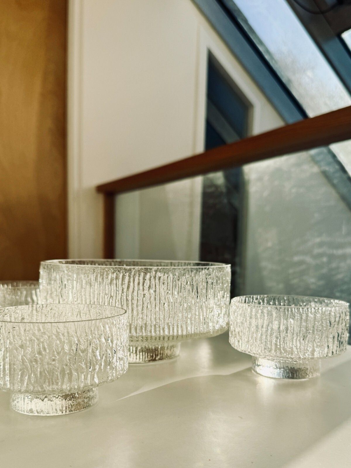photo buy Vintage Whitefriars M136 "Snowflake" Crystal Dessert Bowl Set, 1 Large + 4 Small