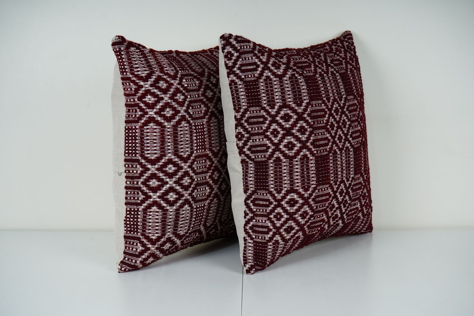 Set Of 2 Vintage Turkish Kilim Pillow Covers, Burgundy Geometric Handmade Cushions photo for sale