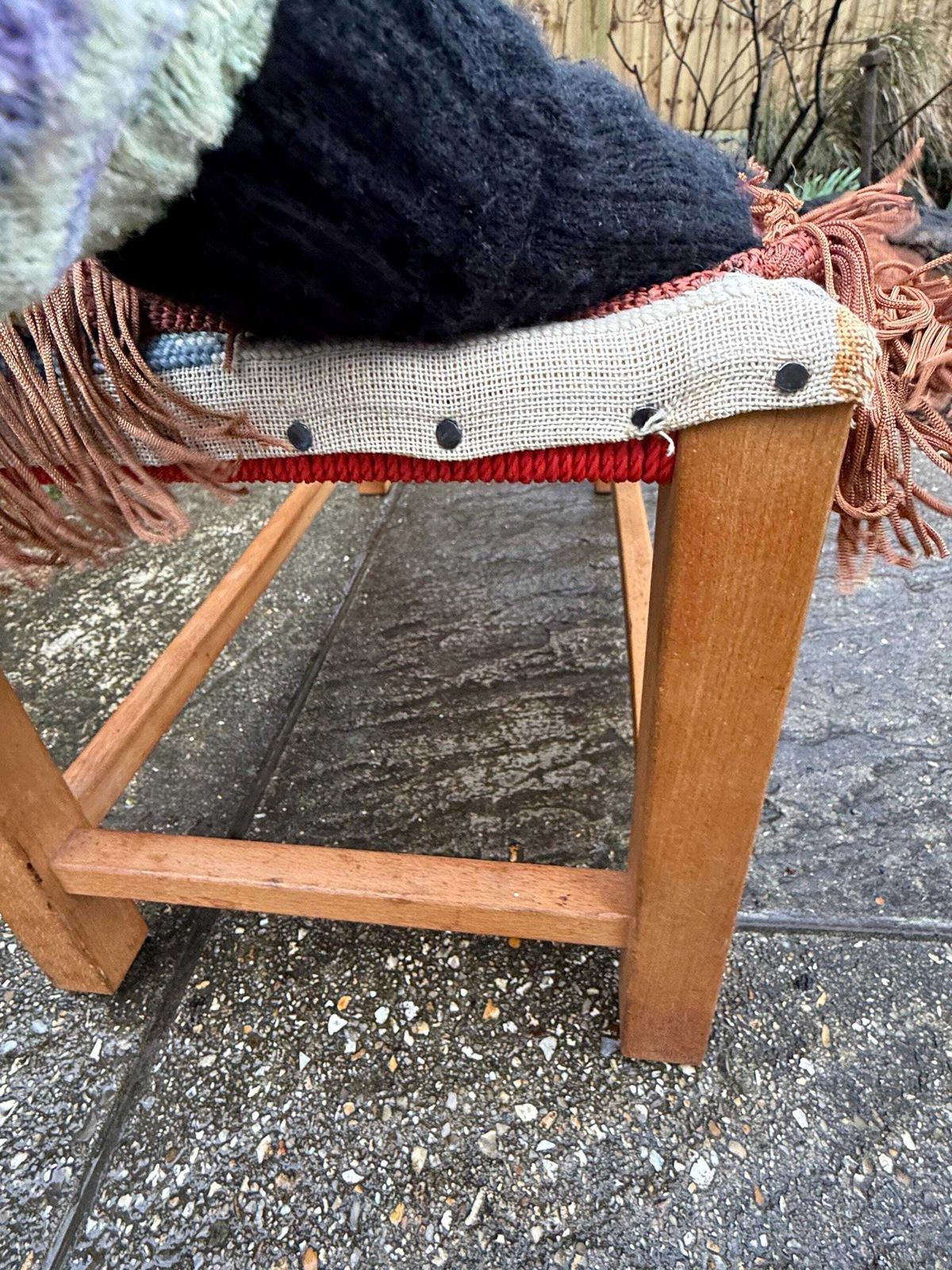Retro Wooden Footstool With Woven String Seat Covered In A Handwoven Tapestry Top And Decorative Fringe   Pheasant Pattern (54cm W X 30cm H) photo vintage
