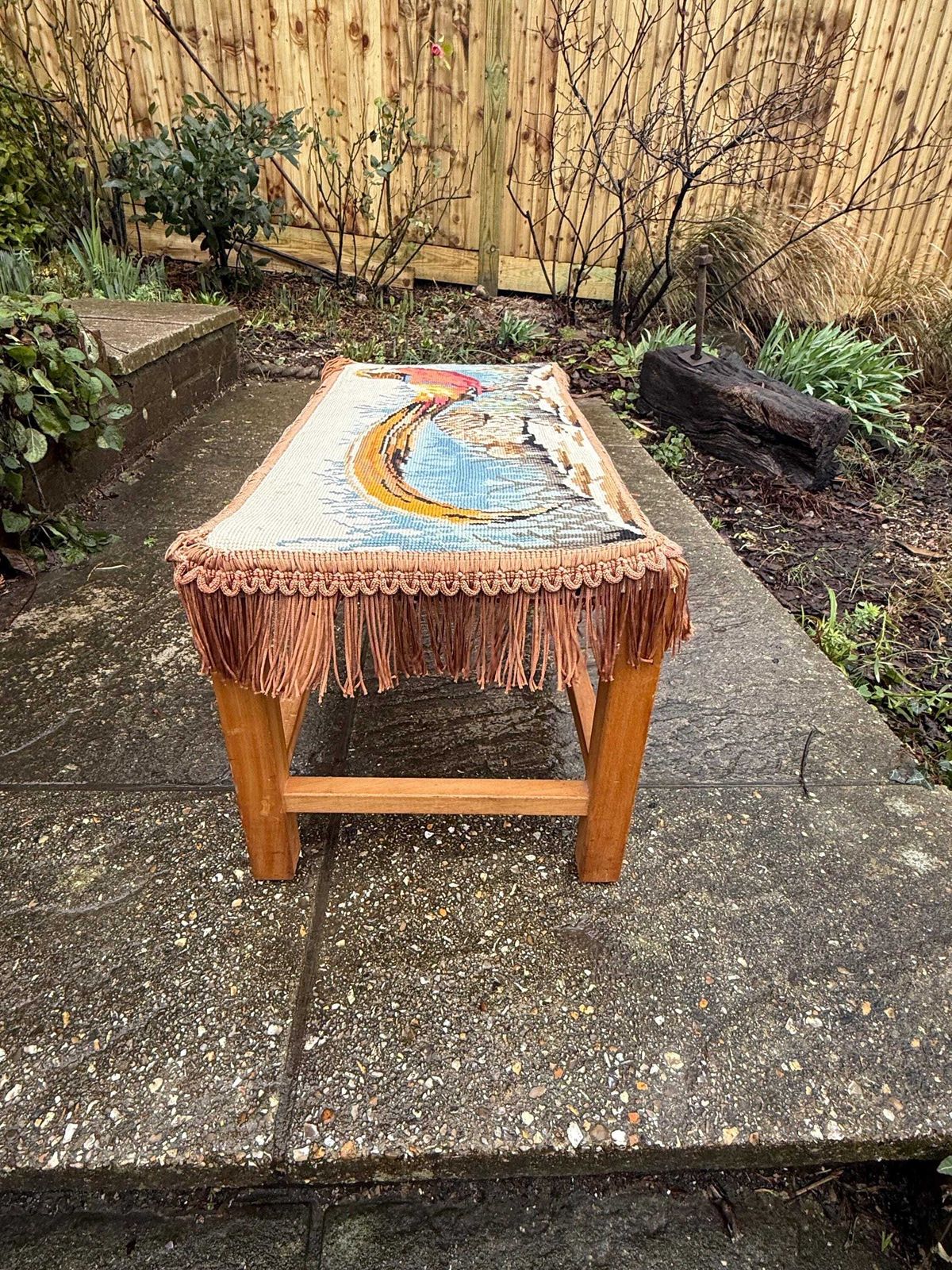 photo vinterior Retro Wooden Footstool With Woven String Seat Covered In A Handwoven Tapestry Top And Decorative Fringe   Pheasant Pattern (54cm W X 30cm H)