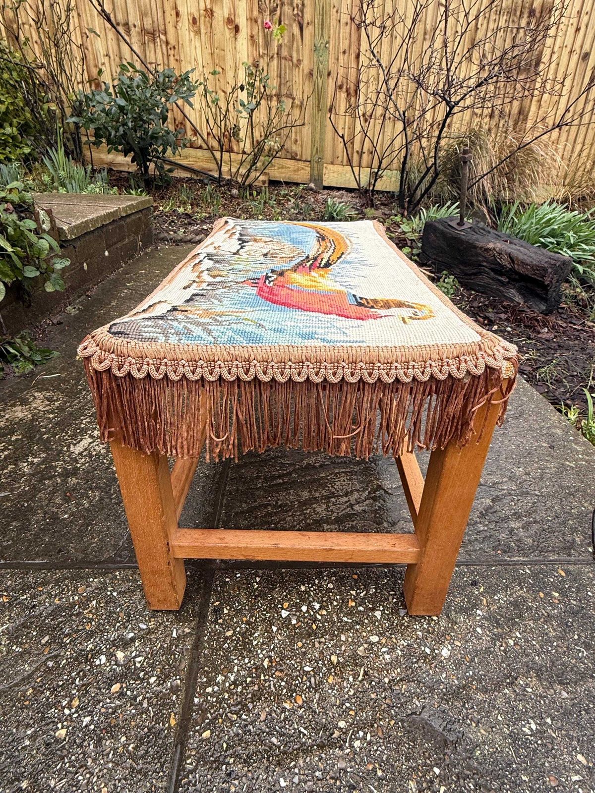 photo buy Retro Wooden Footstool With Woven String Seat Covered In A Handwoven Tapestry Top And Decorative Fringe   Pheasant Pattern (54cm W X 30cm H)