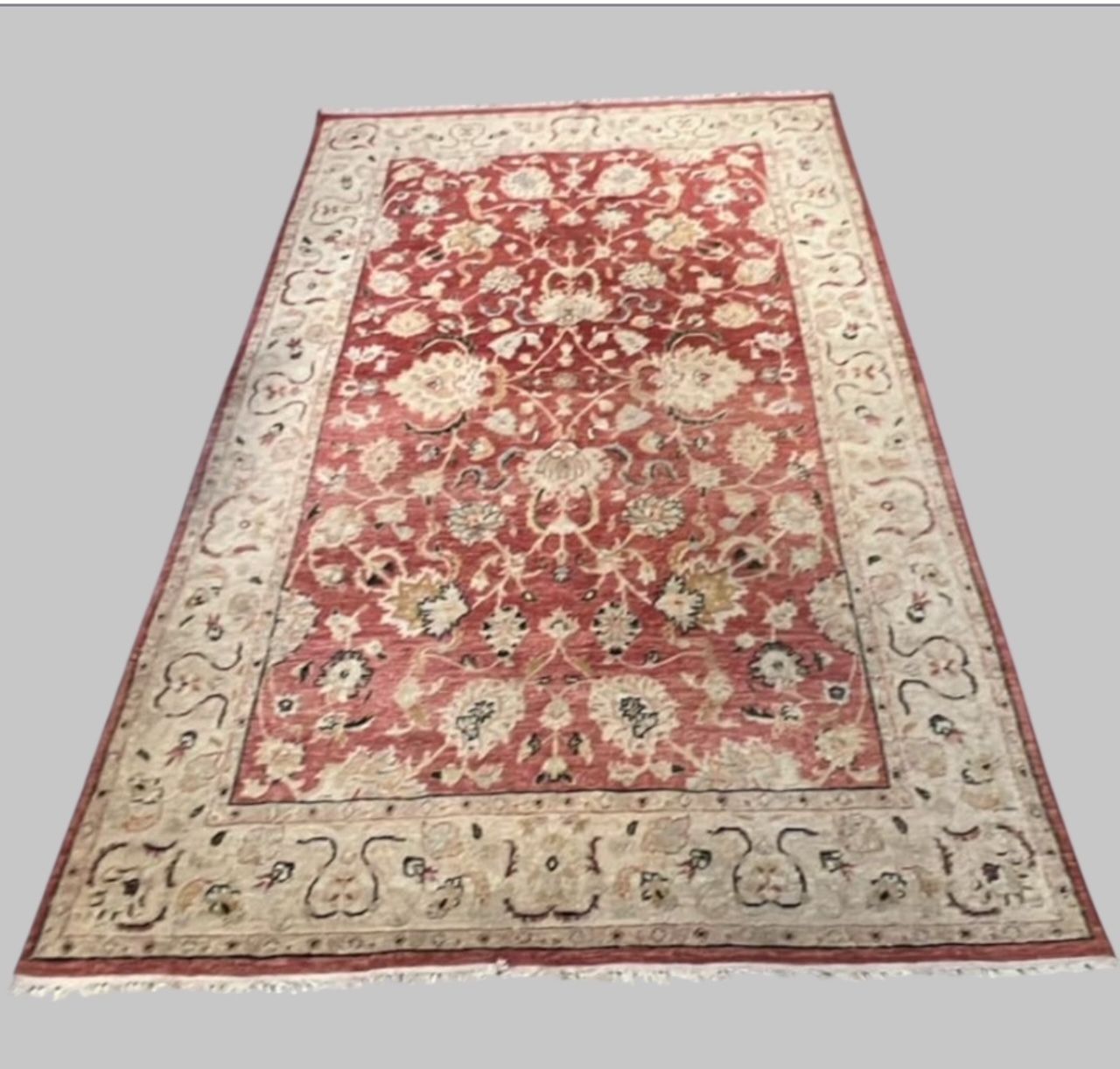 Large Hand Knotted Ziegler Style Wool Rug, Red And Ivory