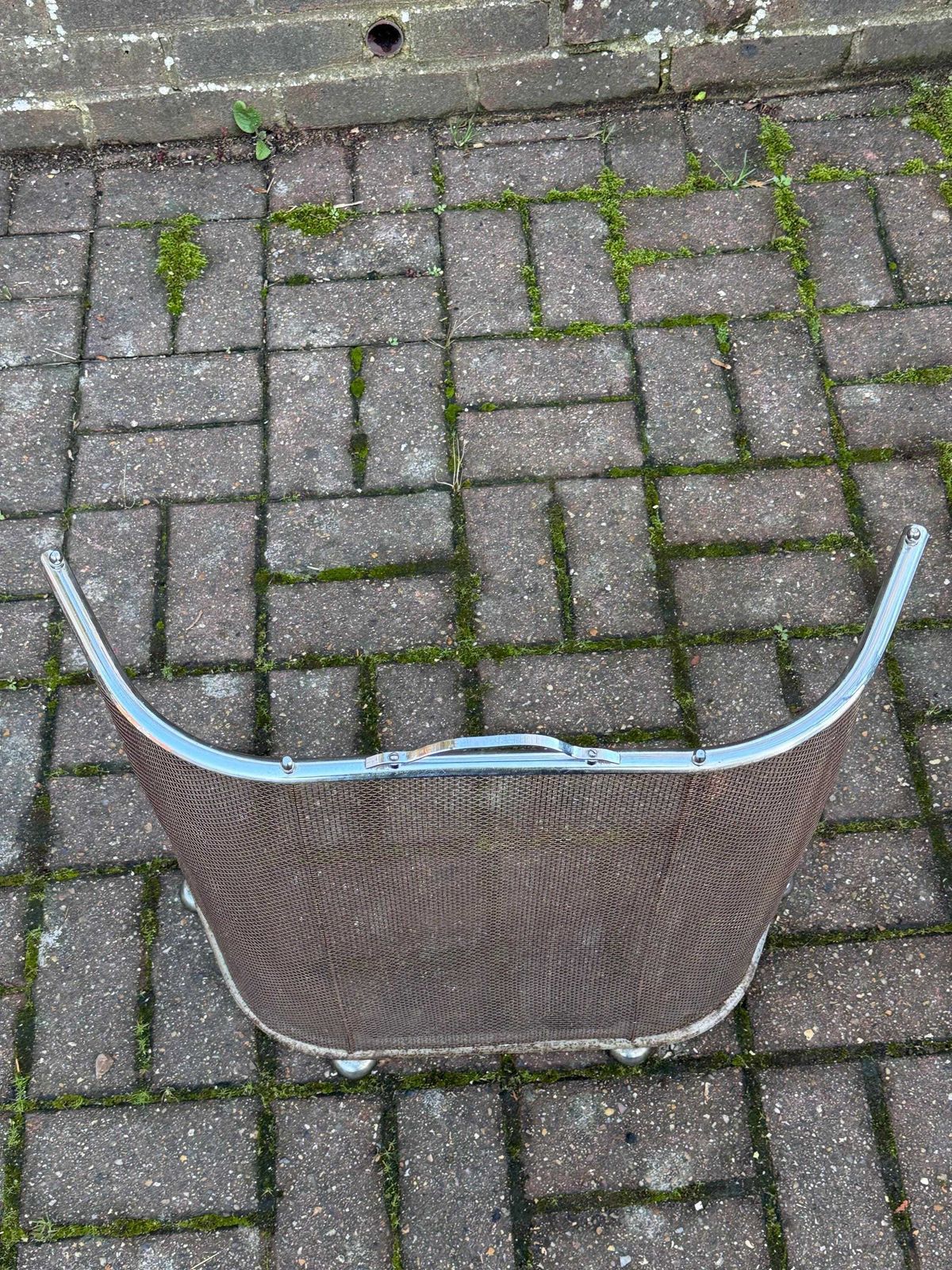 Art Deco Metal Fire Screen With Curved Chrome Frame And Mesh Spark Guard photo for sale