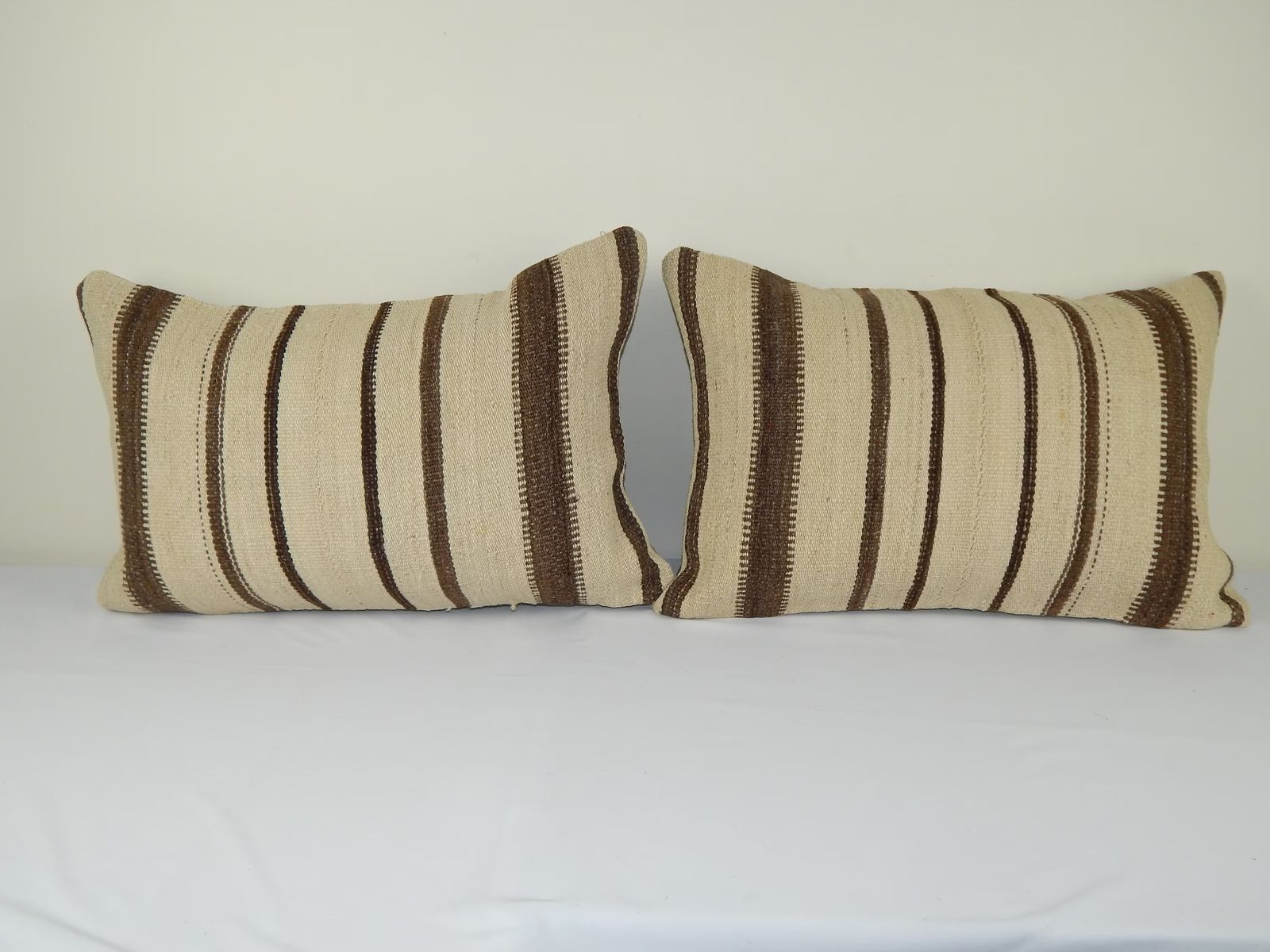 Set Of 2 Vintage Turkish Kilim Lumbar Pillows, Organic Hemp
