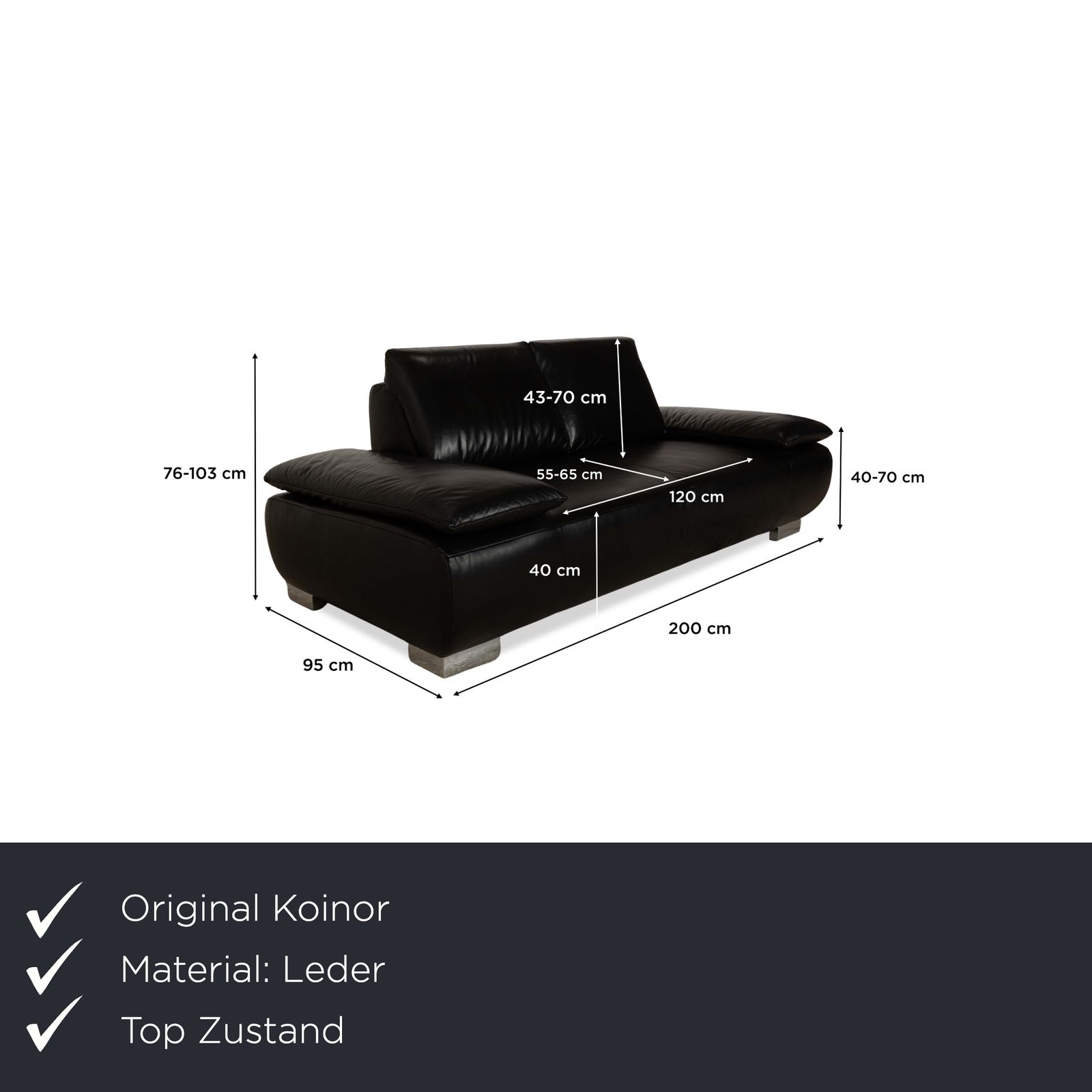 Canapé 2 places Koinor Volare en cuir noir, fonction manuelle photo furniture