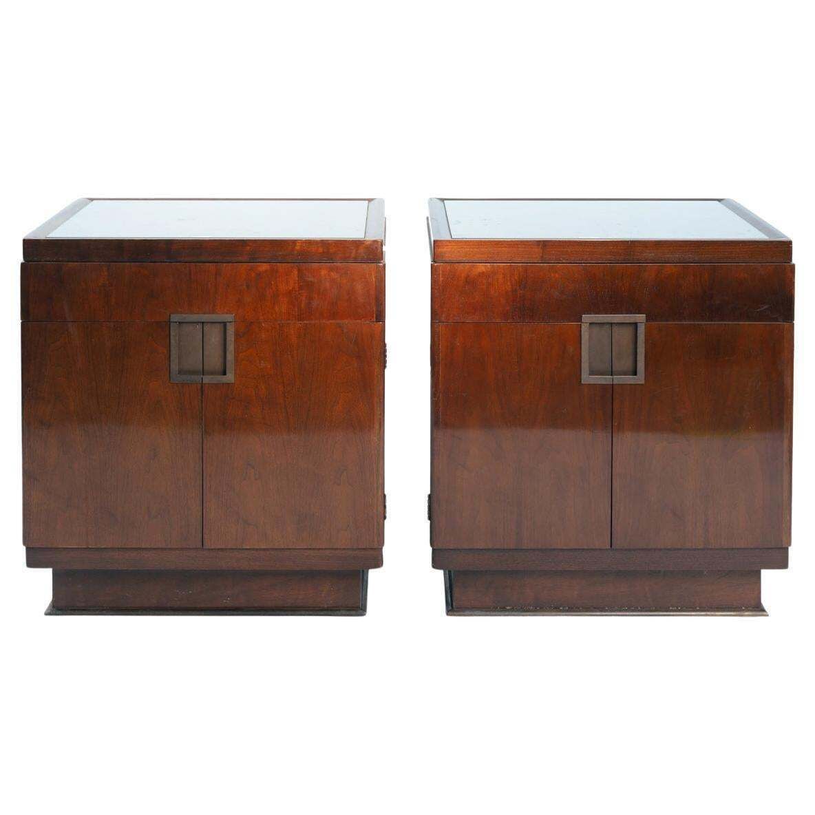 Art Deco Style Walnut Veneered Drawer Cabinets Or Nightstands By Baker Furniture
