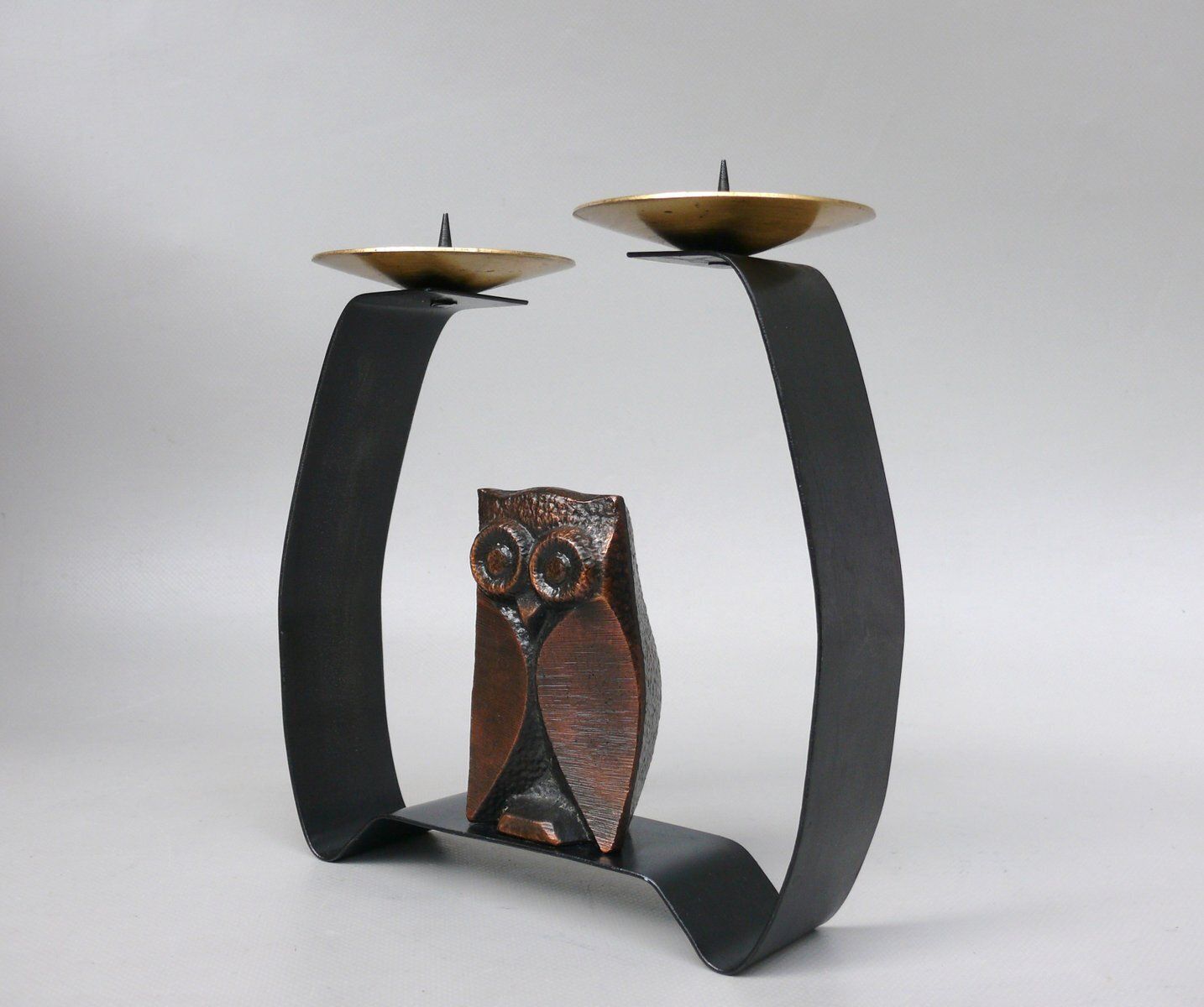 Arts And Crafts Wrought Iron, Brass & Copper Plated Owl Candleholder, 1890s photo 1388.0