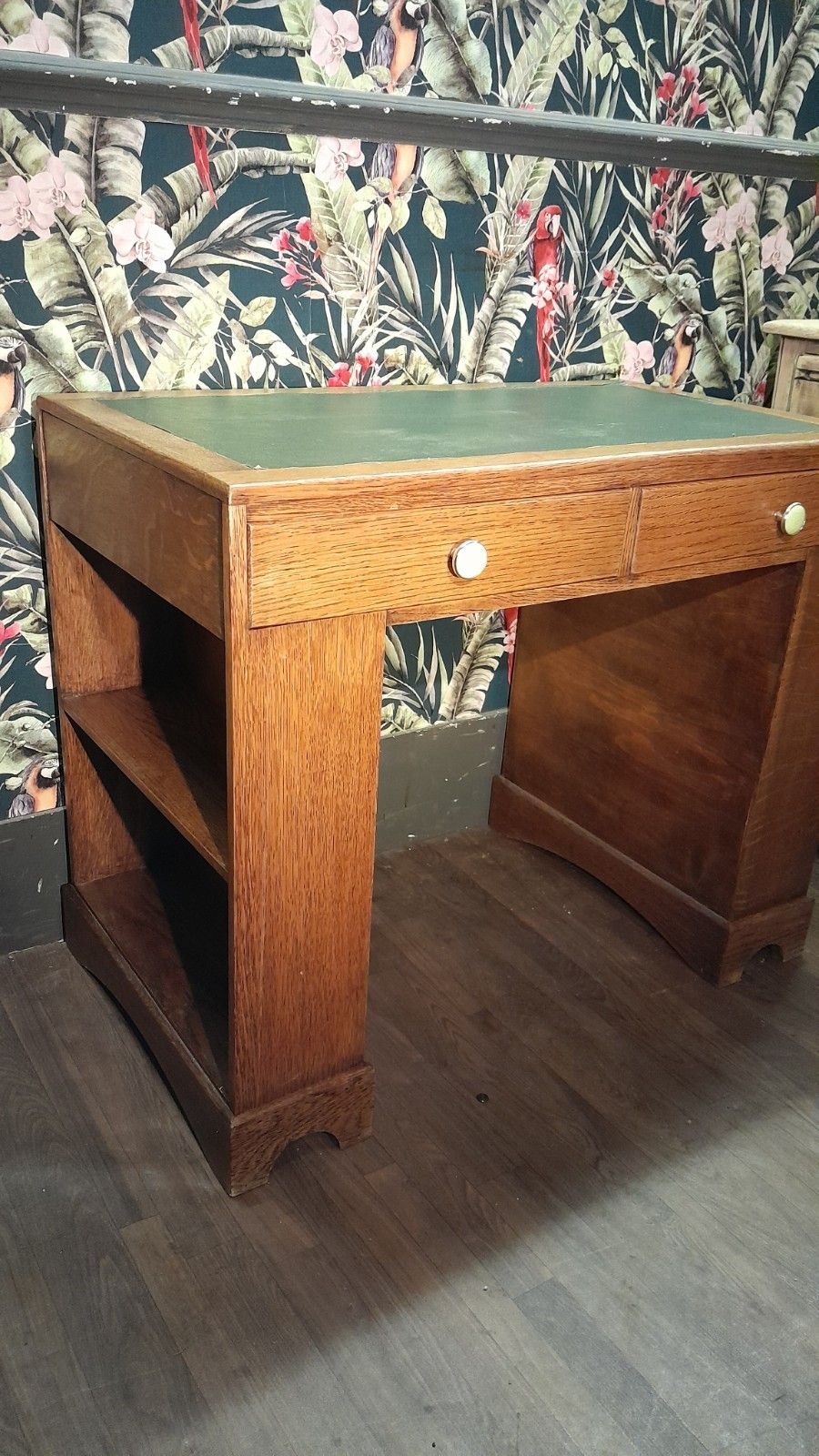 Art Deco Vintage Solid Light Oak Desk With Leather Top And Shelves photo furniture