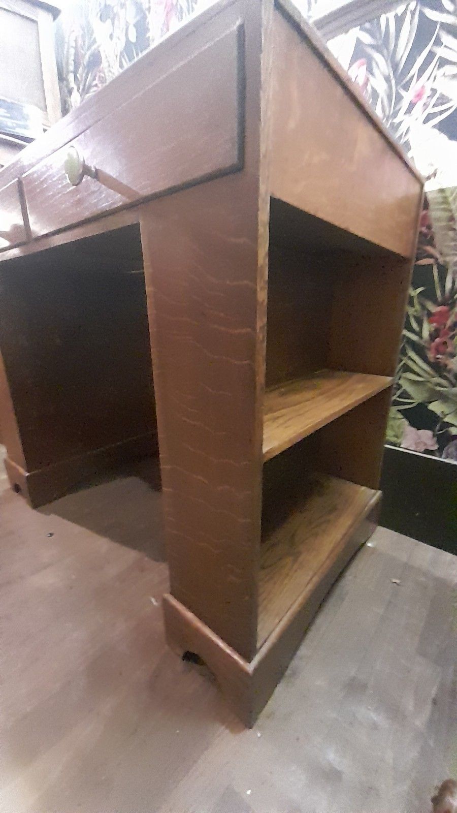 Art Deco Vintage Solid Light Oak Desk With Leather Top And Shelves photo vinterior