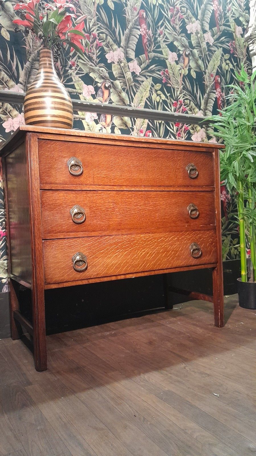 Antique Solid Oak Chest Of 3 Drawers With Original Handles
