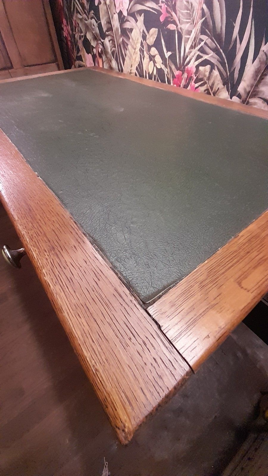 photo for sale Art Deco Vintage Solid Light Oak Desk With Leather Top And Shelves
