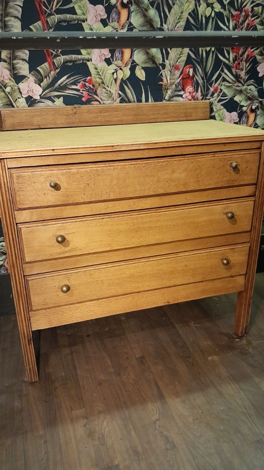 Vintage Solid Light Carved Oak Chest Of 3 Drawers Original Handles photo for sale