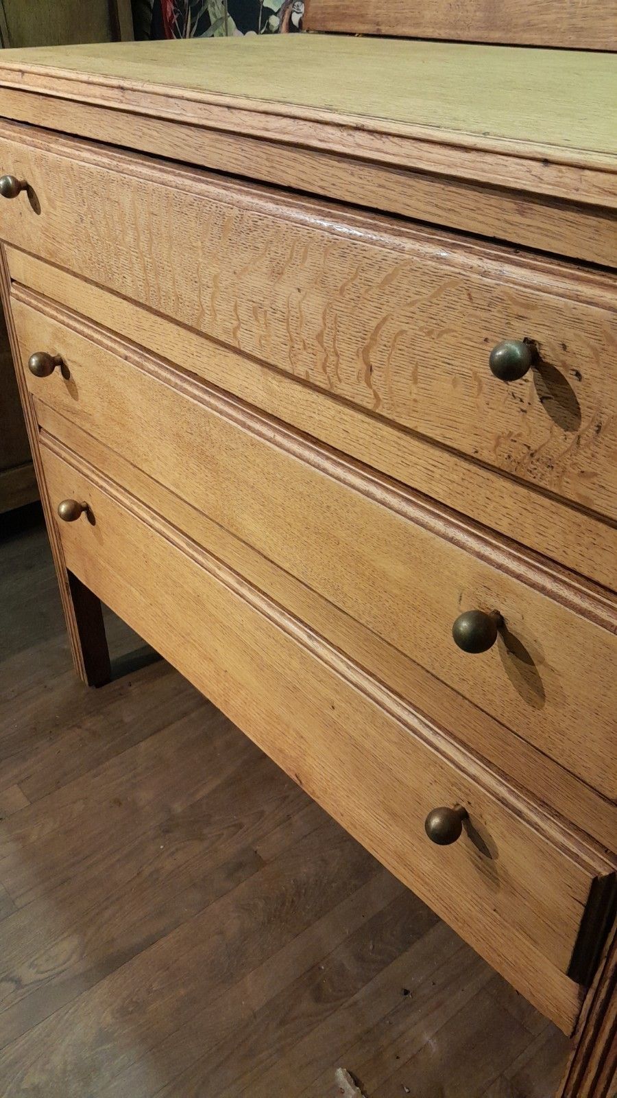 Vintage Solid Light Carved Oak Chest Of 3 Drawers Original Handles photo vintage