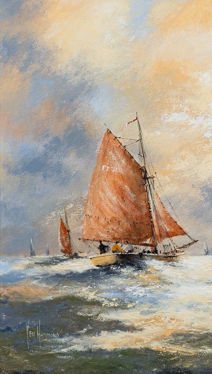 Sailing Off The Cornish Coast By Ken Hammond (B 1948) Seascape Oil Painting photo Art
