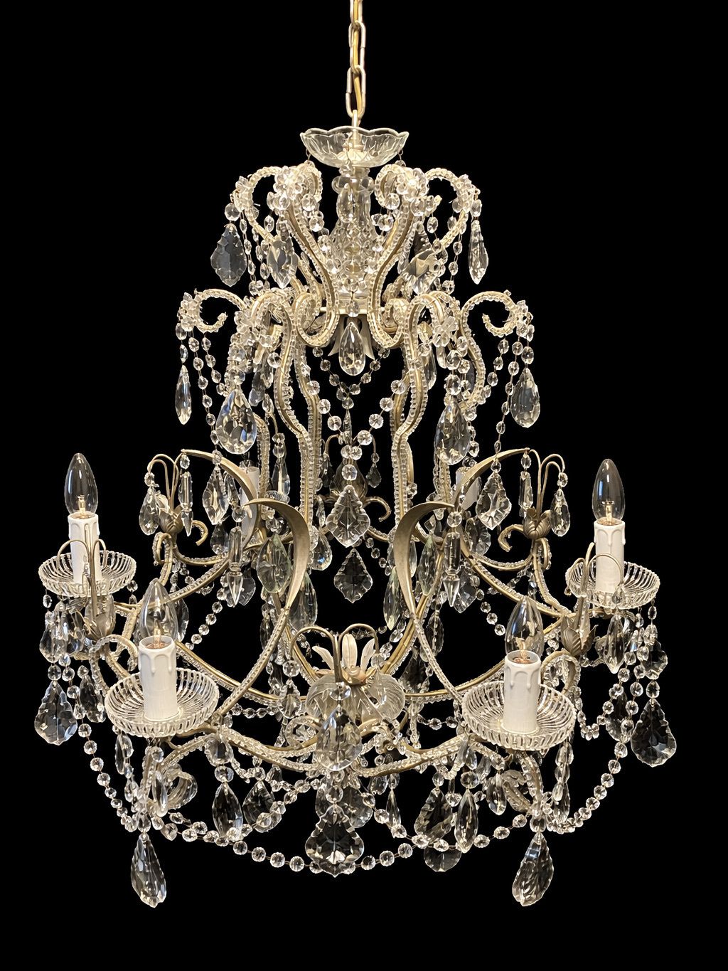 photo buy Vintage Crystal Chandelier With Beaded Arms And Cut Glass Drops, Circa 1920