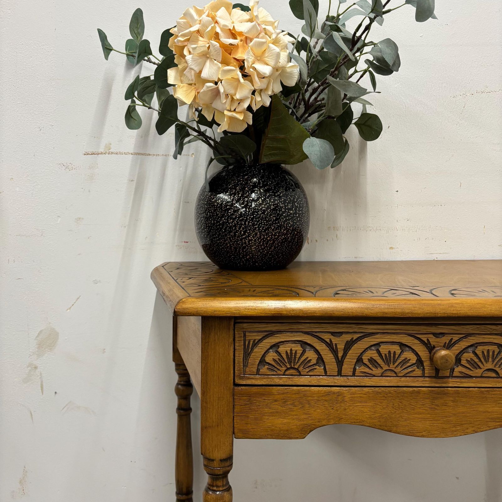 Vintage Carved Wooden Side Table With Lower Shelf – Hall Console / Lamp Table photo vintage