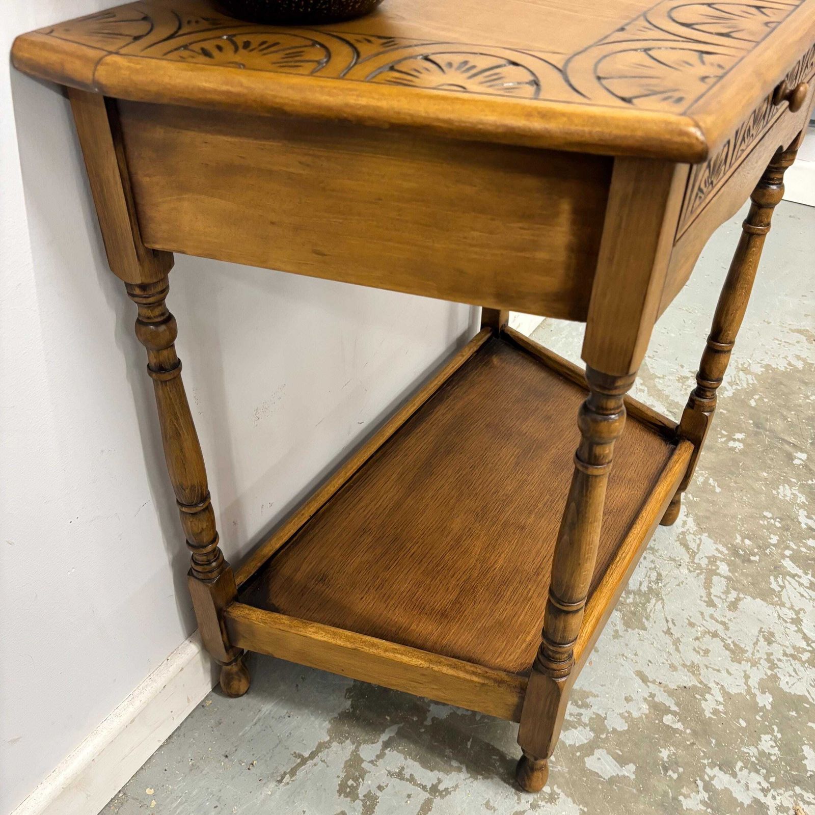 Furniture Vintage Carved Wooden Side Table With Lower Shelf – Hall Console / Lamp Table photo
