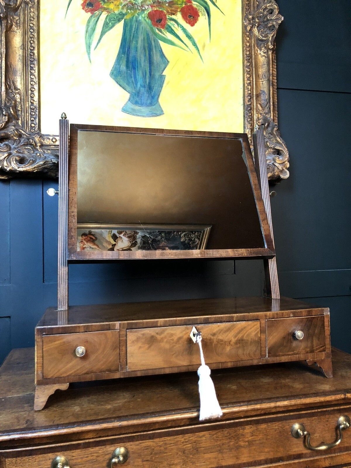 Antique Georgian Regency Period Mahogany Large Toilet Mirror With Drawer And Key