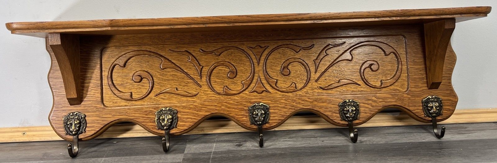 French Vintage Style Coat Rack Oak 5 Hooks Ornate Wall Shelf Coat Lot 4722 photo furniture
