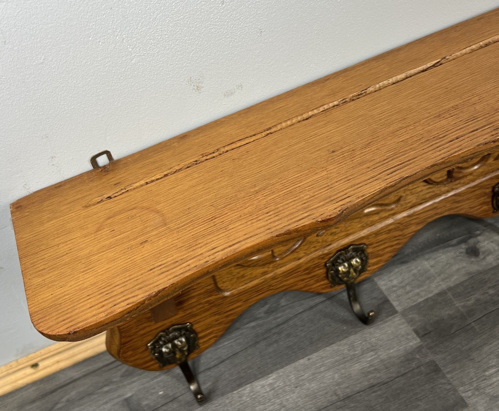 French Vintage Style Coat Rack Oak 5 Hooks Ornate Wall Shelf Coat Lot 4722 photo vintage
