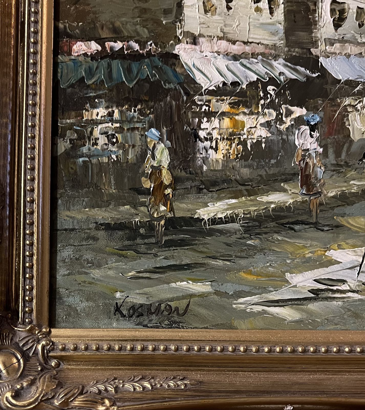 Mid Century European Palette Knife Street Scene, Oil On Canvas, In Original Gilt Frame. photo furniture