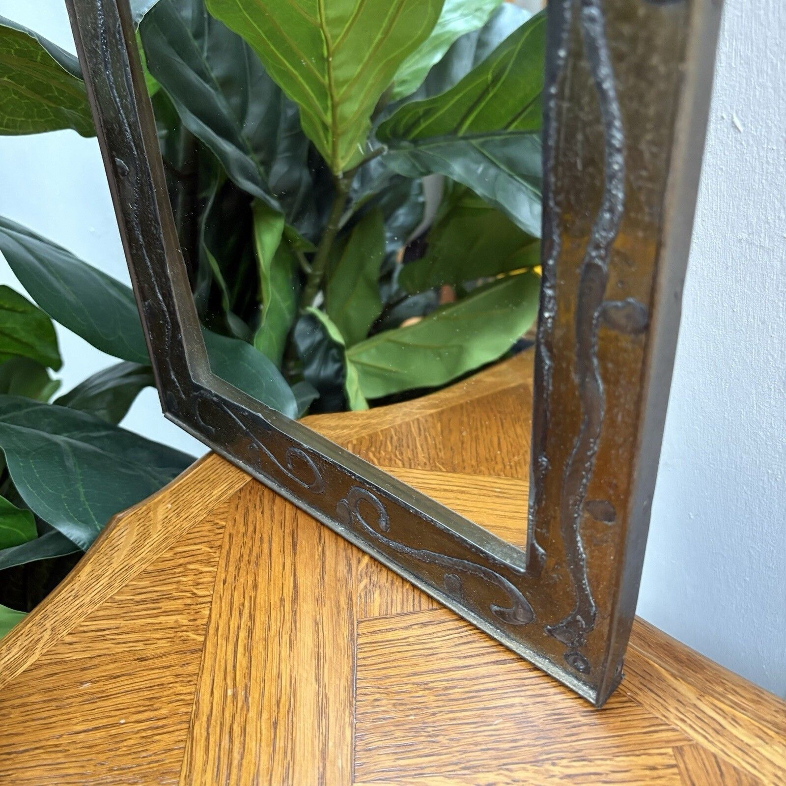 French Art Nouveau Hammered Brass Applied Floral Décoration Hall Wall Mirror photo 225.0