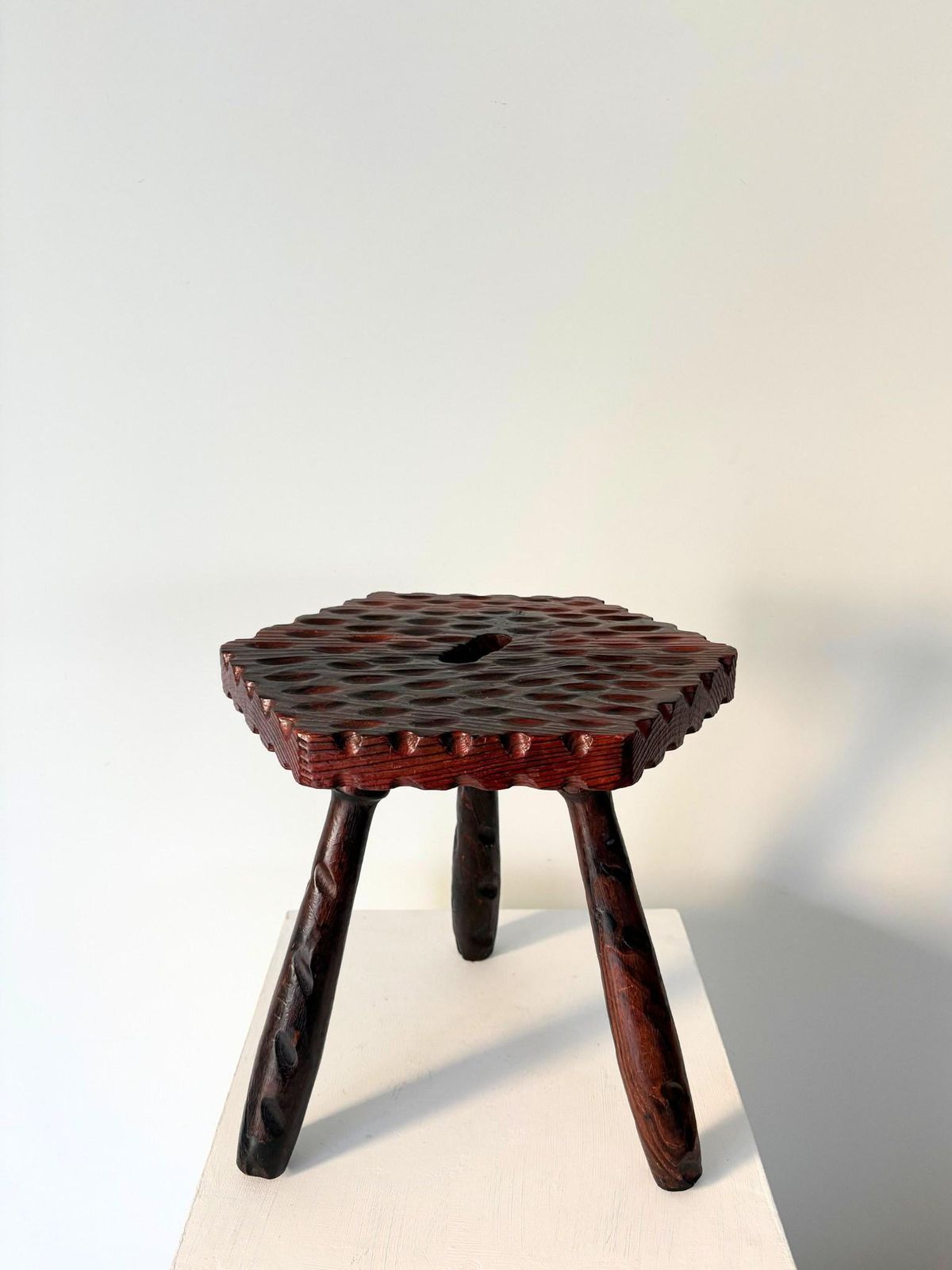 Brutalist Spanish Colonial Carved Stool Of Primitive Design Wooden Tripod Footstool Side Table Plant Stand photo furniture
