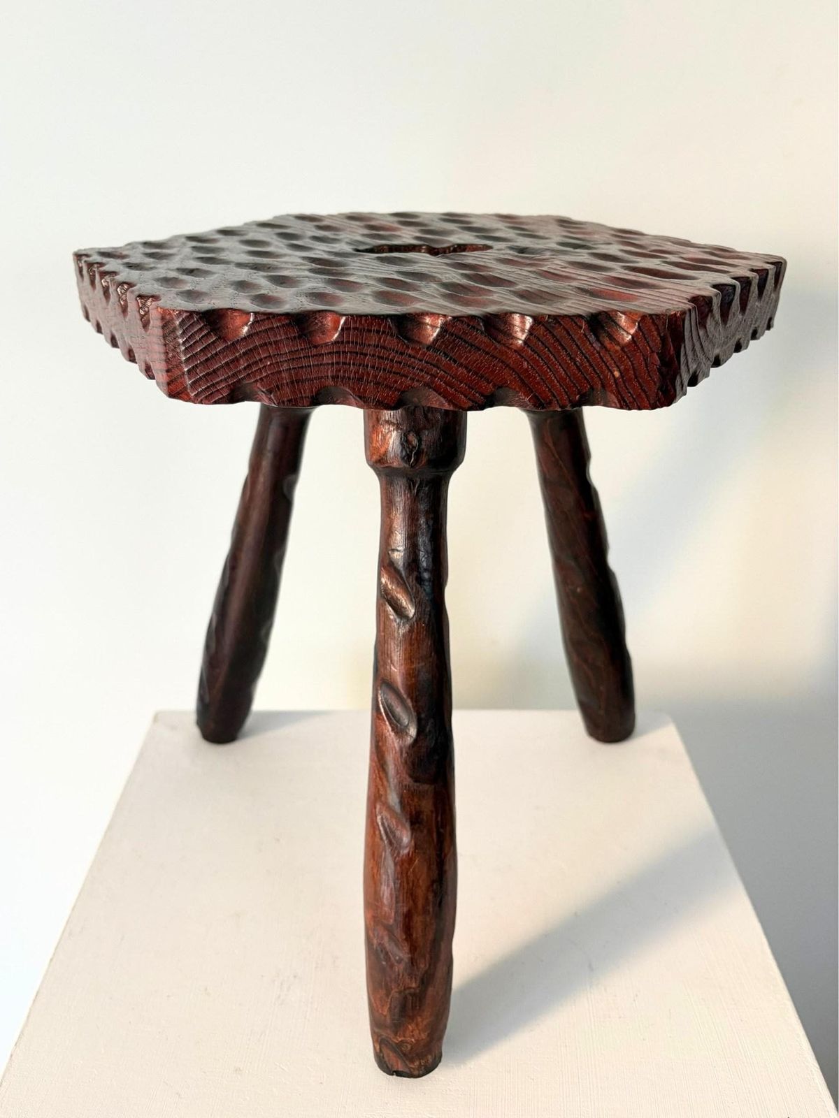 Brutalist Spanish Colonial Carved Stool Of Primitive Design Wooden Tripod Footstool Side Table Plant Stand photo buy