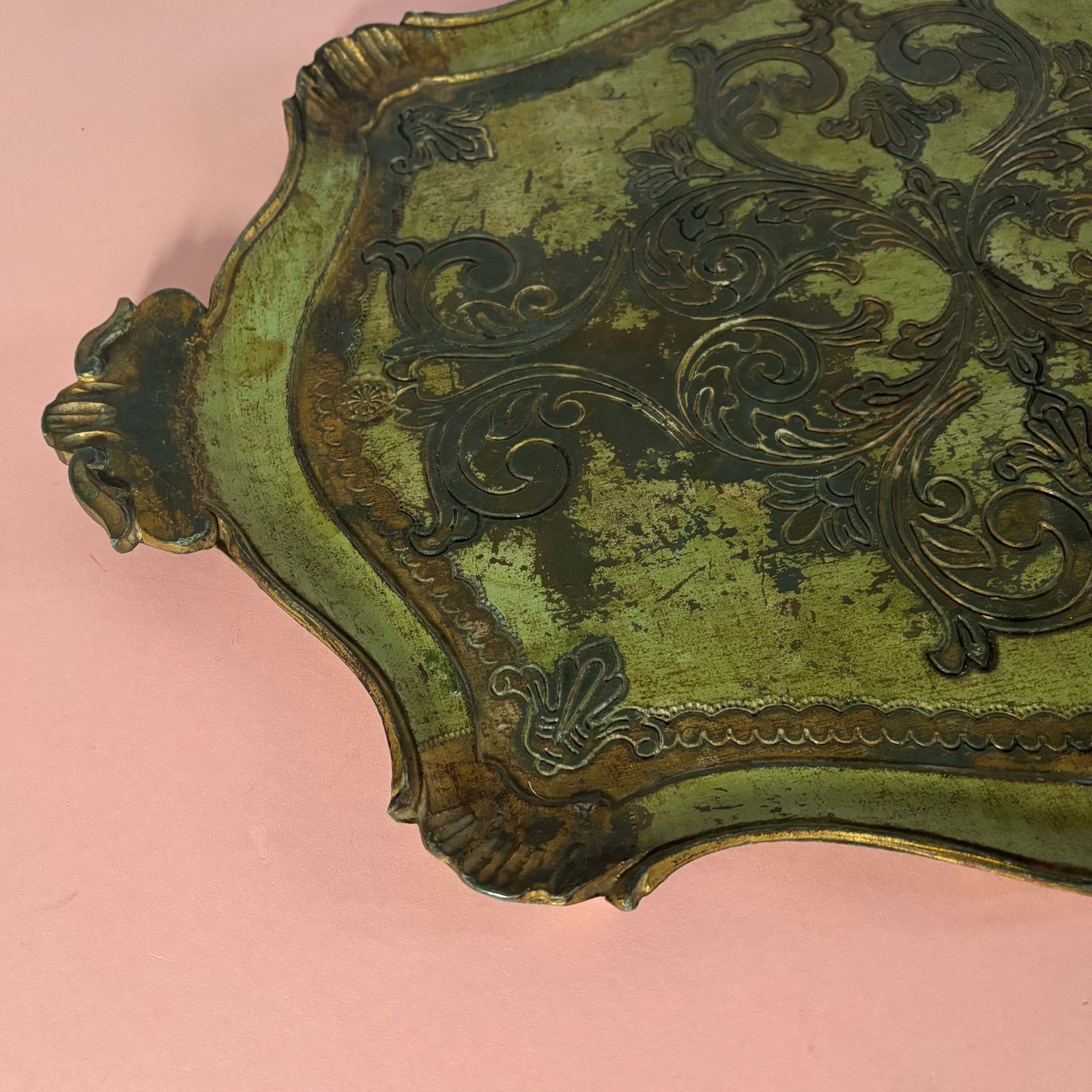 Large Distressed Green And Gold Florentine Tray photo Home Decor