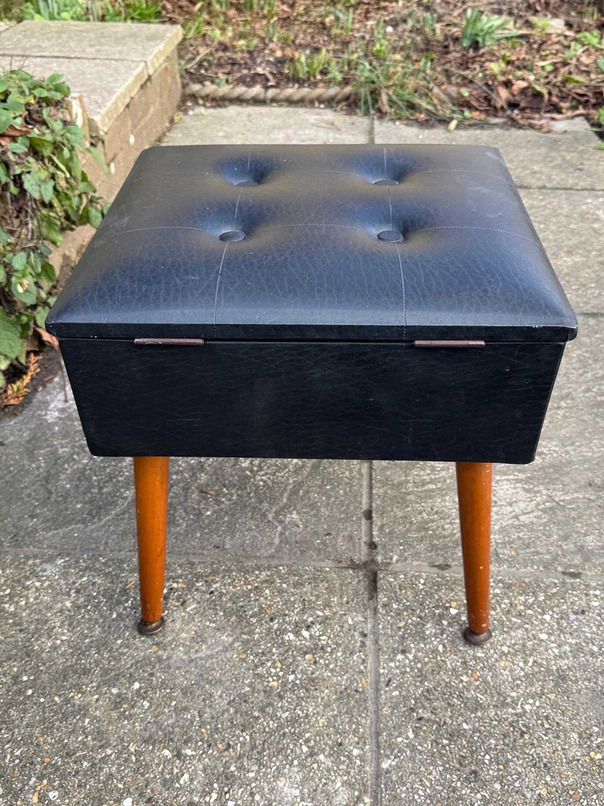 Vintage Mid Century Sherborne Footstool Storage Ottoman Vinyl Teak Legs Sewing Box photo for sale