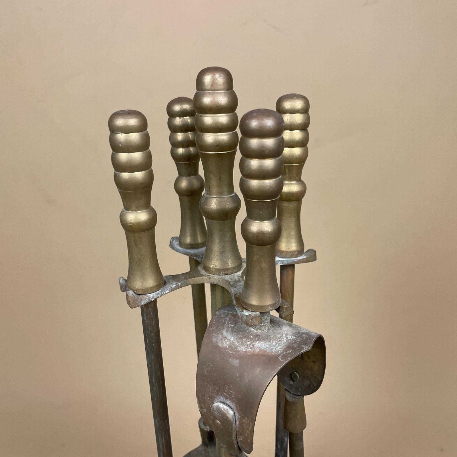 Antique Brass Gold Metal Fireside Tools Stand Vintage Companion Set Fireplace Gold Fireside Fire Farmhouse Cottage Heart Four Piece 4 photo Home Decor