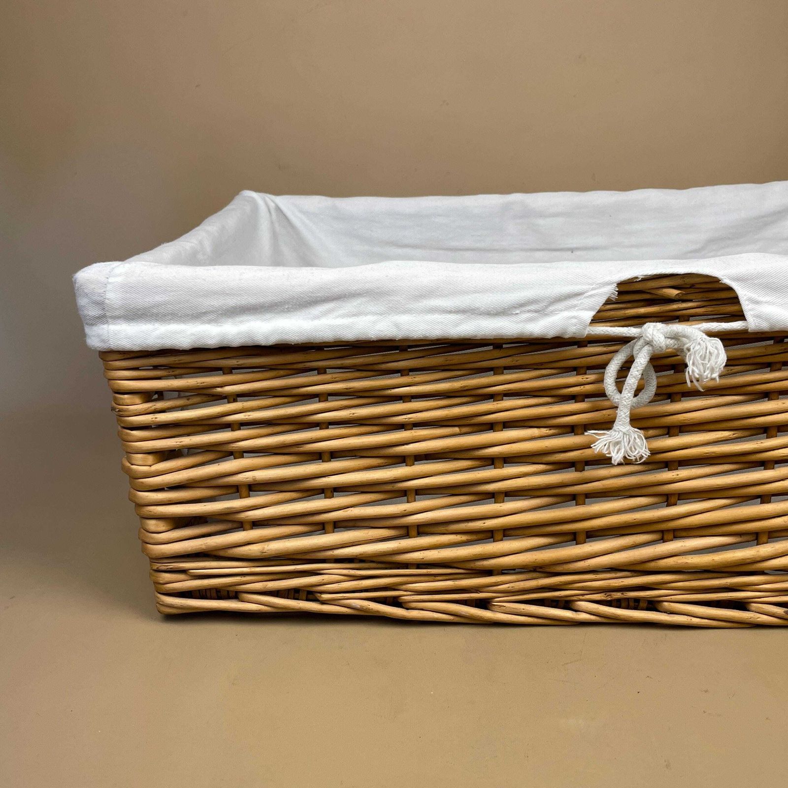 Rectangle Basket Woven Wicker Vintage Log Storage Wood White Fabric Lining Wooden Cottage Farmhouse Medium Logs Fireside Brown Sturdy photo for sale