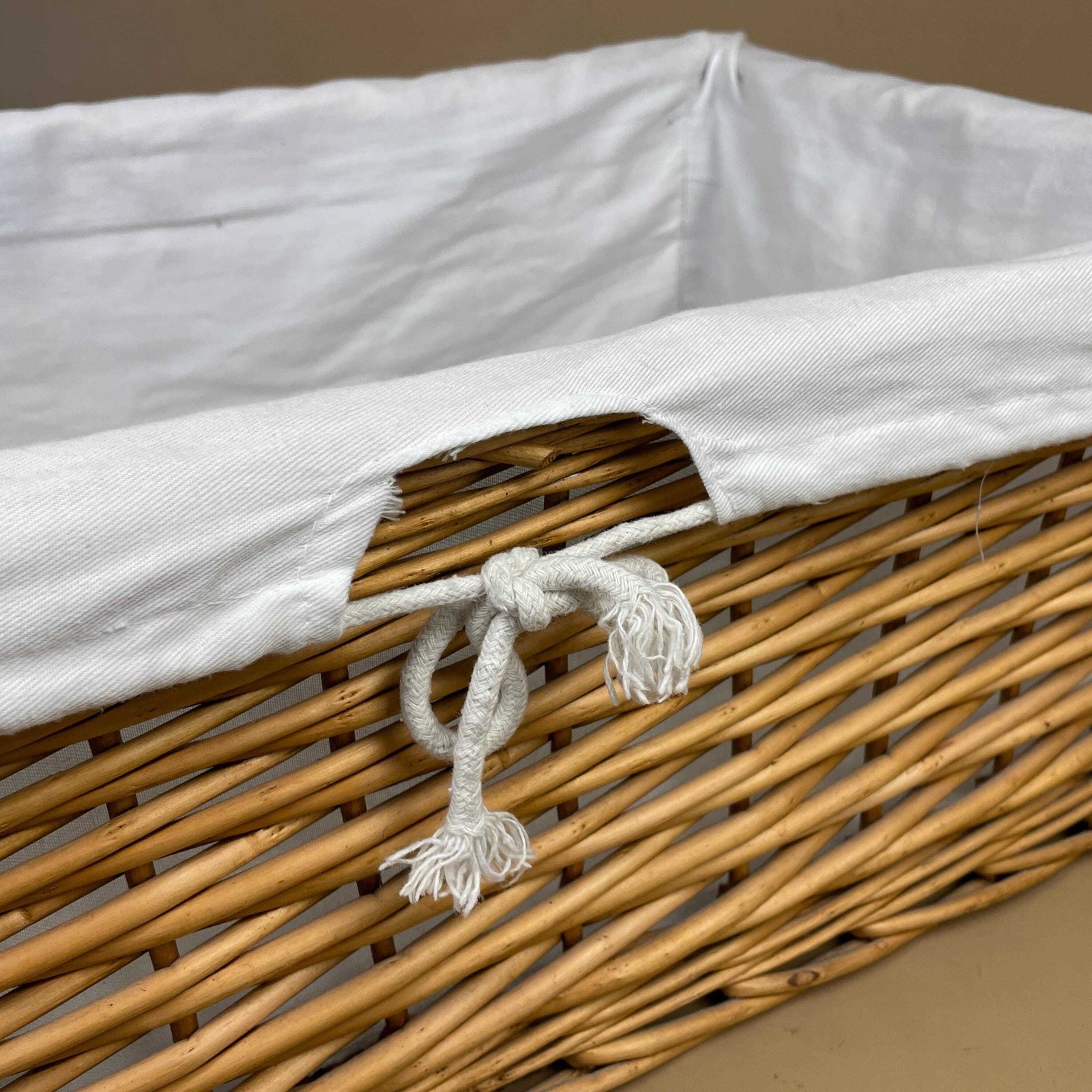 Rectangle Basket Woven Wicker Vintage Log Storage Wood White Fabric Lining Wooden Cottage Farmhouse Medium Logs Fireside Brown Sturdy photo vinterior