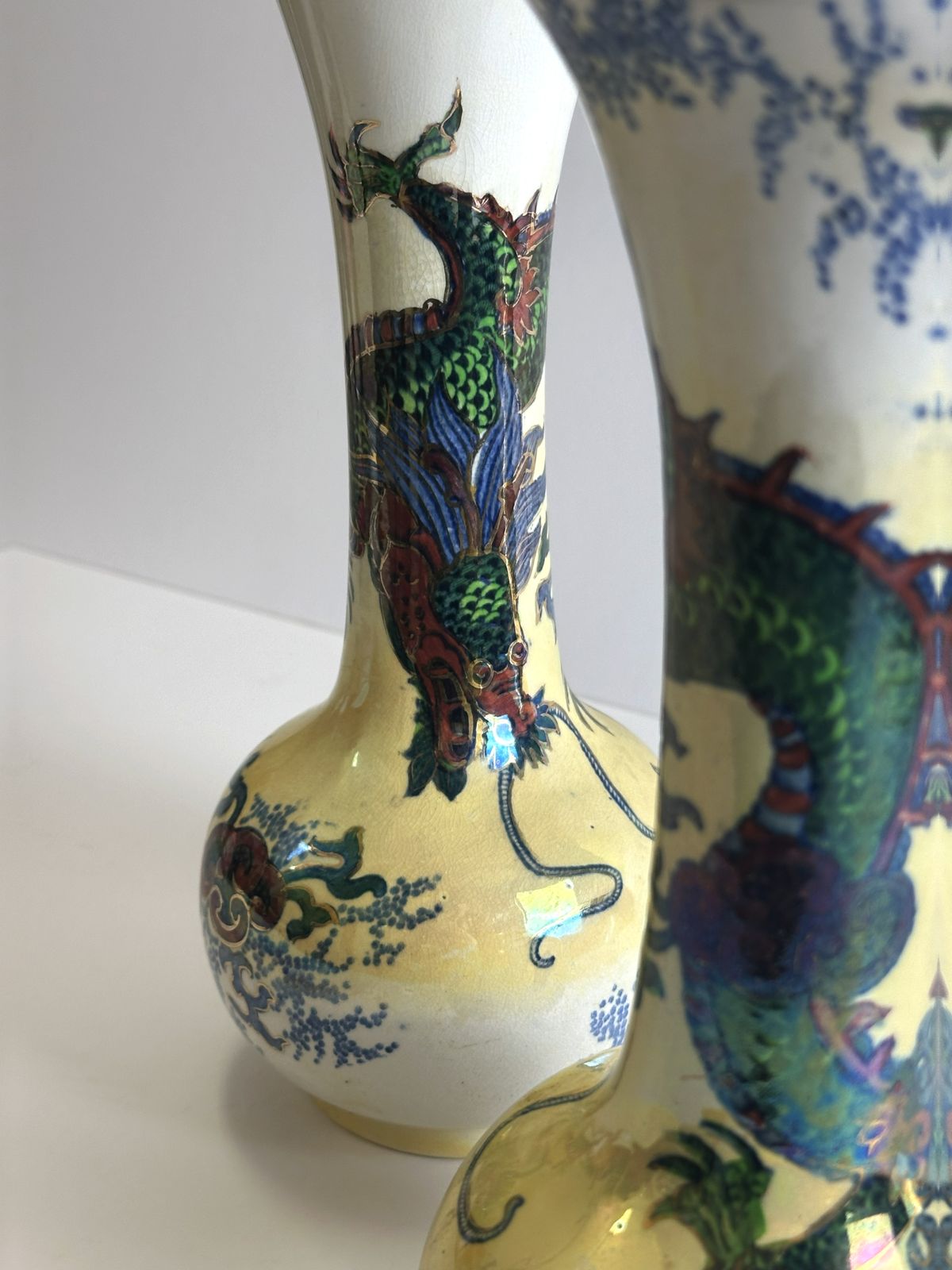 photo for sale Pair Of Frederick Rhead Dragon Vases, Bursley Ware, Staffordshire, 1930s