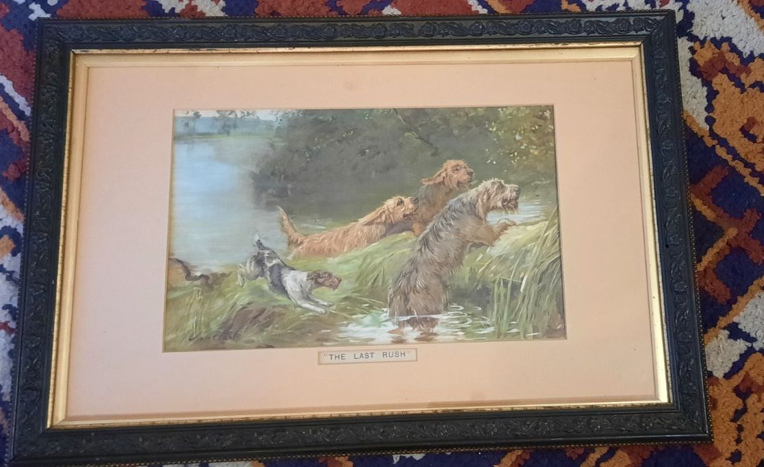 Vintage Framed And Glazed Art The Last Rush Otterhound Dogs Signed By Maud Earl