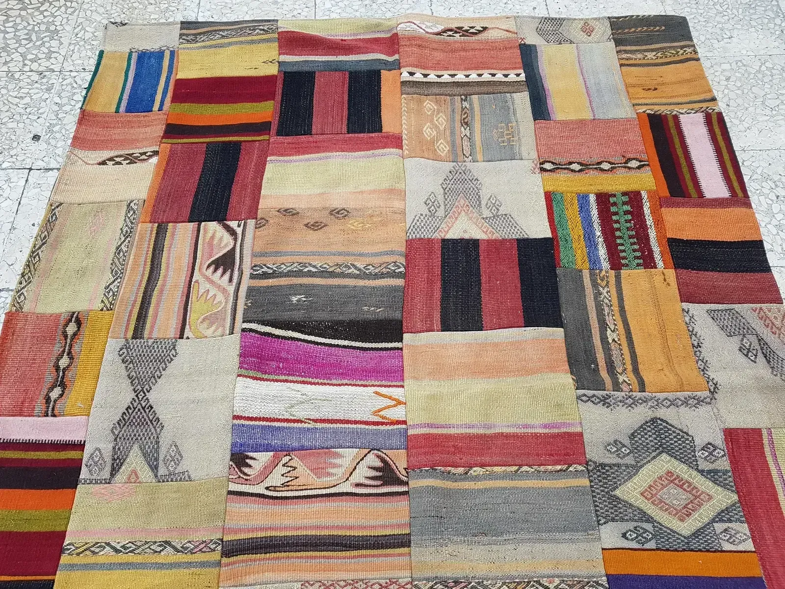 Turkish Kilim Rug   Patchwork Design 4'10" X 6'6" photo vintage