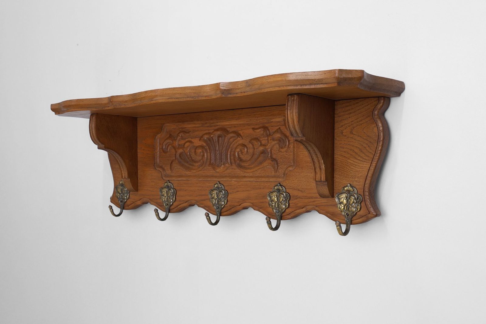 Mid Century Belgian Oak Wall Mounted Coat Rack In The Style Of Bruegel, 1950s photo Furniture
