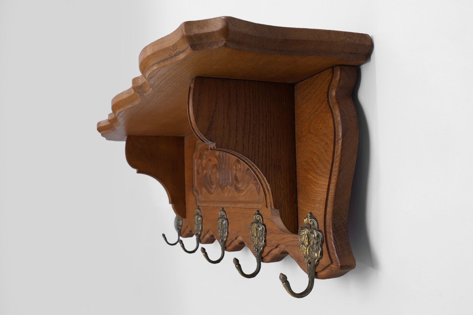 Mid Century Belgian Oak Wall Mounted Coat Rack In The Style Of Bruegel, 1950s photo 885.0
